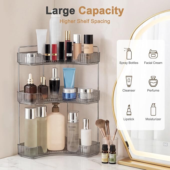 Corner Bathroom Counter Organizer, Vanity Organizer - Countertop Corner Shelf for Makeup Storage,Spice Racks for Kitchen Corner (Gray, 3-Tier) - Image 3