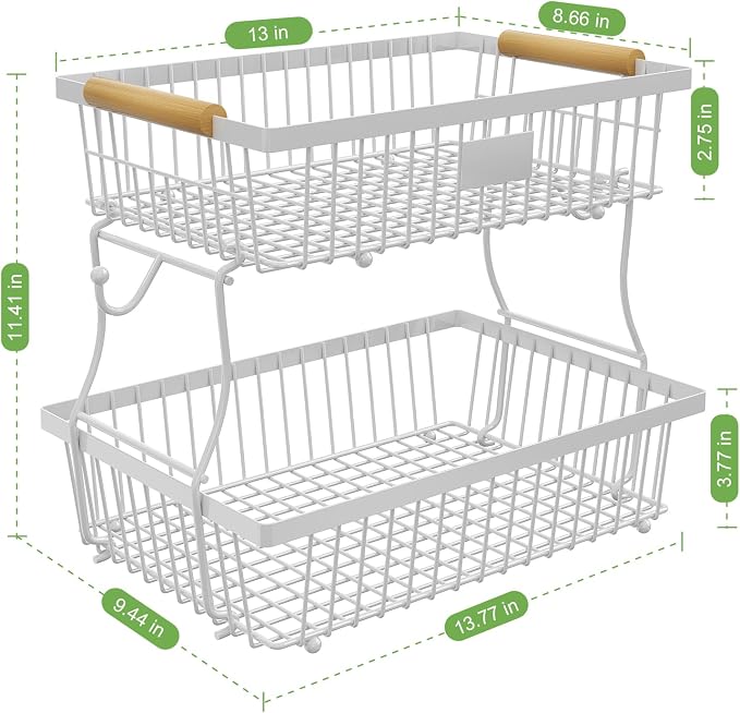 2 Tier Fruit Basket for Kitchen Counter with 2 Banana Hangers, Countertop Metal Bread Basket with Wooden Handle, Large Storage Stand for Vegetables, Snacks, Eggs, Produce Storage – White - Image 6