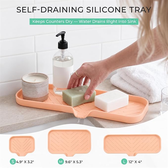 MicoYang Silicone Soap Dish with Drain Spout — Self-Draining Double Sink Organizer Tray for Kitchen & Bathroom, Dispensers, Sponges & Soap Holder, Non-Slip & Dishwasher Safe, Pink (Large, 12"×4") - Image 8