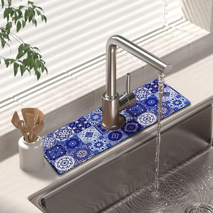 Kitchen Sink Splash Guard Faucet Mat 15" X 5.5" Talavera Mexican Tiles Absorbent Fast Drying Mat Faucet Draining Mat Sink Splash Guard Behind Faucet Drip Catcher for Kitchen Bathroom by Unknown