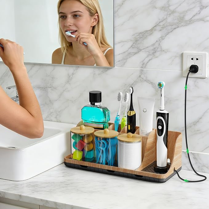 Bathrooms Toothbrush Holder Set with 3 PCS Qtip Holder (Wood Grain) | Easy to clean, Drainage, Detachable, Non-Slip, Kids Electric Toothbrush and Toothpaste Holder for Bathroom Counter Organizer - Image 2