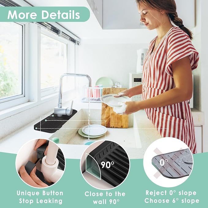 17.7-Inch Silicone Faucet Mat for Kitchen Sink Splash Guard, 7° Slope | 17.7"x5.5" water draining mat with fasten button; 1.6-2.75" customizable hole for bathroom, RV & kitchen sink drip catcher. - Image 5