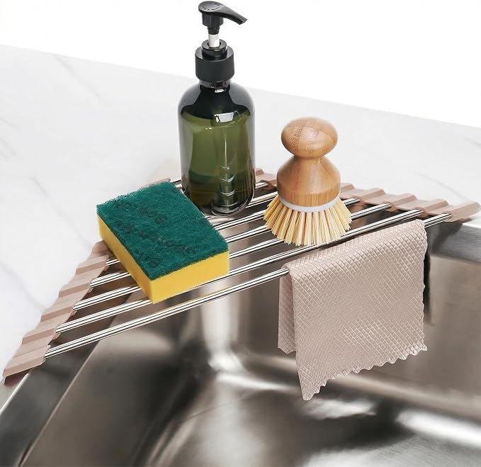 Tomorotec Triangle Roll Up Dish Drying Rack 304 Stainless Steel Beige | BPA-Free Food-Grade Silicone Edges Foldable Waterproof Rustproof Heavy-Duty Space Saver Heat Resistant to 550°F by Tomorotec