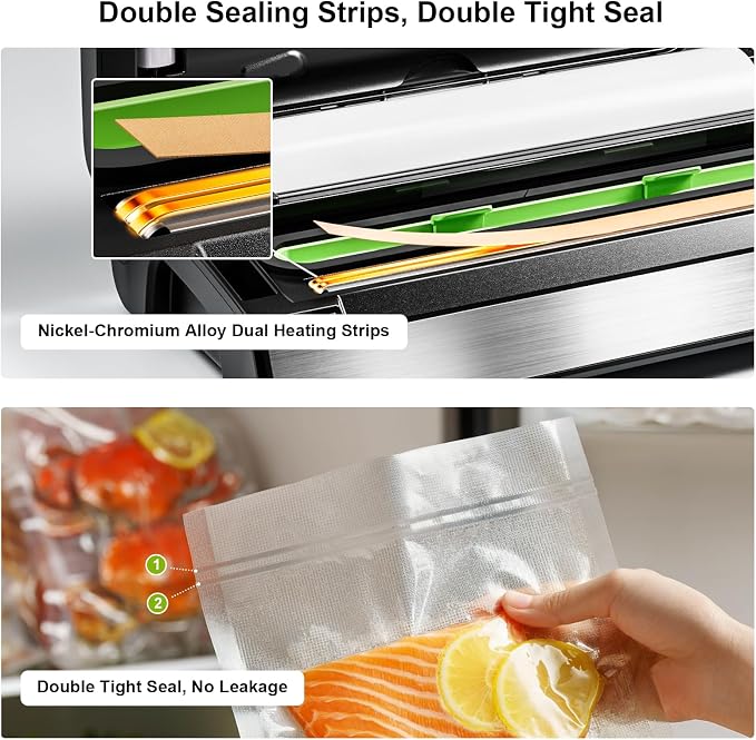 95kPa Precision Vacuum Sealer Machine, Double Heat Seal for Dry/Moist Food, Easy-Lock Handle, Built-in Bag Storage & Cutter, Progress Display, Pulse Mode, Removable Drip Tray, Silver - Image 4