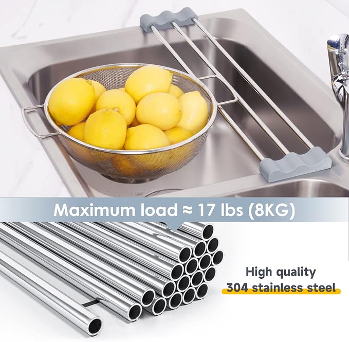 Tomorotec Adjustable Over-The-Sink Kitchen Rack, BPA-Free, Gray | Holds 16.5 Lbs; For Dishcloths, Sponges, and Brushes - Heat-Resistant Stainless Steel with Slim, Expandable Design - Image 2