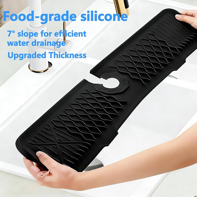 24 Inch Silicone Faucet Mat for Kitchen Sink, 7° Slope Fast Self-Draining Sink Splash Guard, Kitchen Sink Water Catcher Organizer, Kitchen Sink Accessories (Black, 24''x5.6'') - Image 4