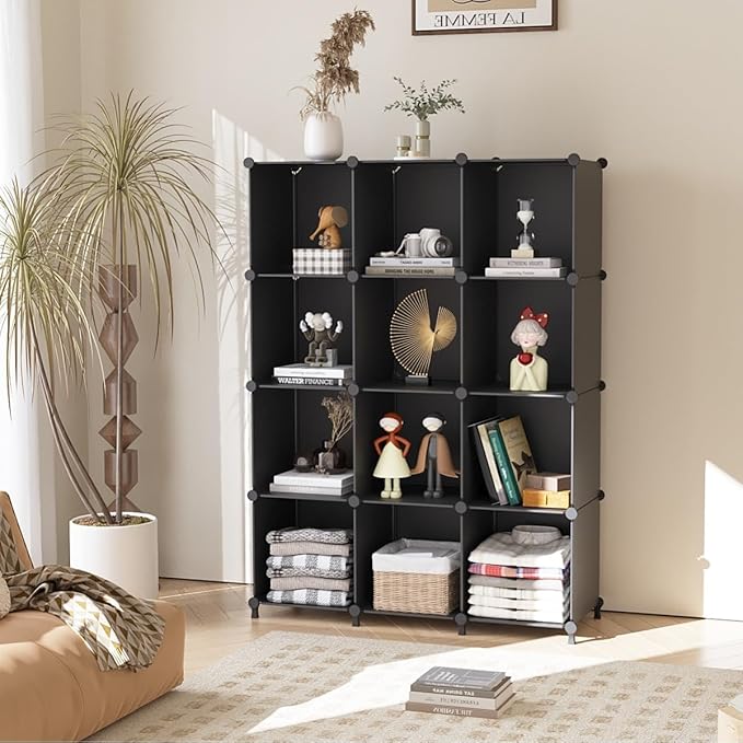 AWTATOS 12 Cube Storage Organizer, Closet Organizer Storage Shelves, Black | Portable Closet, DIY Stackable Storage Cubes Shelve, Plastic Clothes Organizer Shelving for Home, Bedroom - Image 2