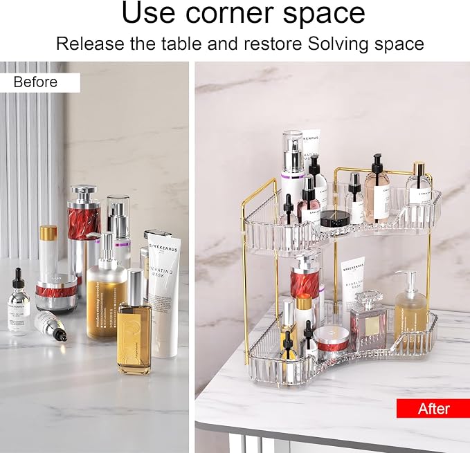 GTI 2 Tier Bathroom Counter Organizer, Multi-Function Corner Bathroom Organizer Countertop,Makeup Organizer Perfume for Dresser Vanity Tray, Spice Rack Organizer for Kitchen (Clear) - Image 4