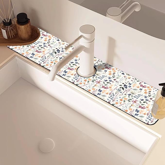 Kitchen Faucet Mat Watercolor Multicolor Botanical Plants Sink Splash Guard Behind Faucet Draining Mat Kitchen Accessories Non-slip Easy to Clean for Bathroom & Kitchen 24"X5.5" - Image 5