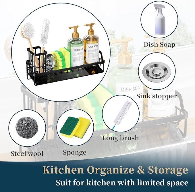 Consumest Sponge Holder for Kitchen Sink - Sink Caddy with Stainless Steel Self Drain Tray, Sink Organizer with High Brush Holder Countertop for Kitchen Sink Accessories, Black-Extra Large - Image 7