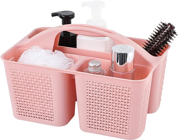 Plastic Portable Shower Caddy Basket with Handle, 3 Compartments, Pink | Storage Organizer with Drain Holes, Sturdy and Durable For Bathroom, Kitchen, College Dorm, Sink, Camping by UUJOLY