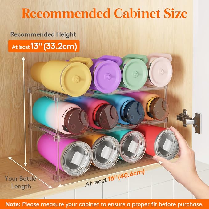 Lifewit Stackable Bottle Storage Organizer, Clear Freestanding Wine Holder for Cabinet, Large Slot Water Bottle Tumbler Cup Organizer for Pantry, Plastic Wine Rack for Fridge Cellar, 3Tier Hold 12 - Image 3