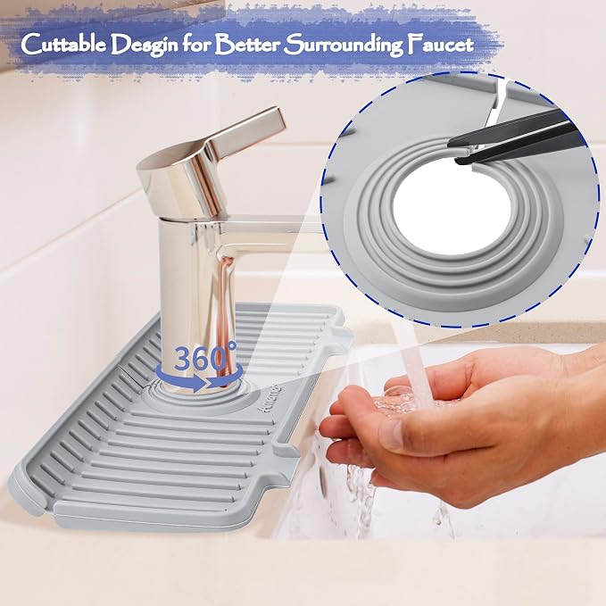 Amerner Kitchen Sink Splash Guard, Silicone Faucet Guard & Draining Mat, 10° Large Slope Sink Faucet Mat Splash Guard, Bathroom Sink Organizer, Kitchen Sink Accessories Gadgets, 14.2” x 5.1”, Gray - Image 5