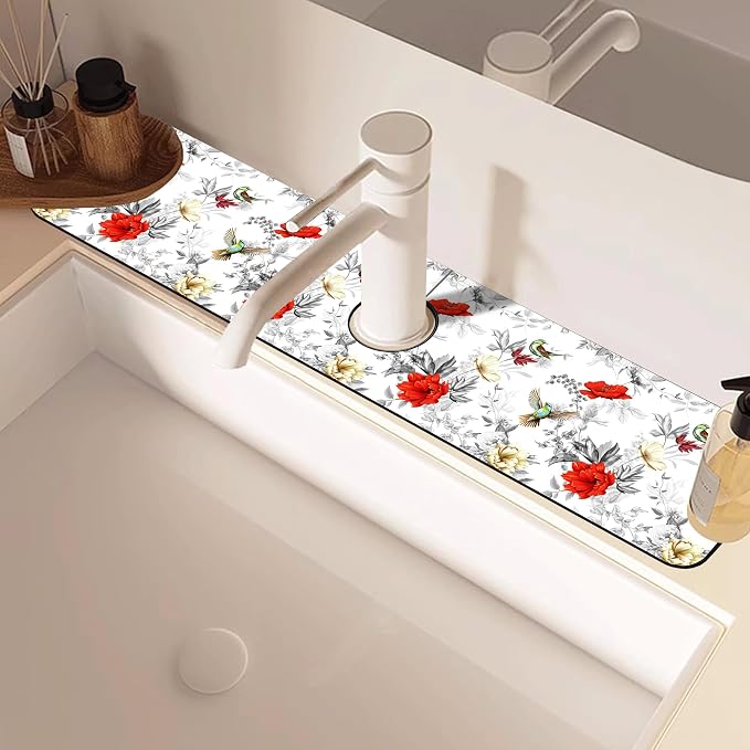 Faucet Mat for Kitchen Sink Poppy Flowers Watercolor Sink Splash Guard Behind Faucet Soft Diatom Mud Material Non-slip Easy to Clean for Bathroom & Kitchen 24"X5.5" - Image 5