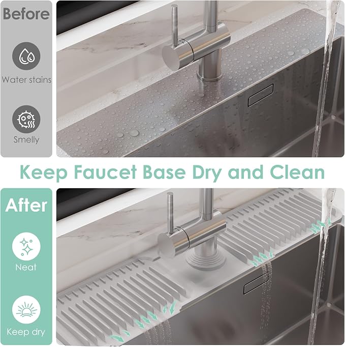24-Inch Silicone Faucet Mat for Kitchen Sink Splash Guard, 7° Slope | 24"x5.5" water draining mat with fasten button; 1.6-2.75" customizable hole for bathroom, RV & kitchen sink drip catcher. - Image 5