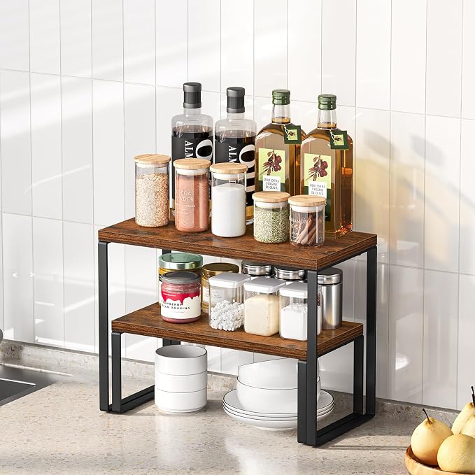 Giikin Kitchen Countertop Organizer, Set of 2 Spice Rack Cabinet Organizer Shelf, Stackable Corner Counter Shelf for Pantry, Coffee Station, Rustic Brown - Image 8