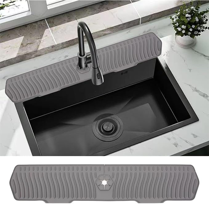 30 Inch Sink Splash Guard, Large Size Kitchen Sink Splash Guard, Longer Silicone Faucet Handle Drip Catcher Tray for Kitchen Countertop, Bathroom, Farmhouse (Grey) by EORROE