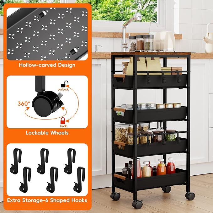 5-Tier Slim Storage Cart, Wooden Top Rolling Kitchen Cart with Pull-Out Baskets & Wheels, Narrow Space Utility Cart Slide Out Organizer for Kitchen, Bathroom, Laundry Room, Black - Image 6