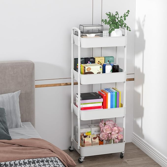 Sywhitta 4-Tier Plastic Rolling Utility Cart with Wheels for Storage,White | Multi-Functional Storage Trolley, for Office, Living Room, Kitchen, Bathroom,Movable Organizer,Space-Saving,Easy to assemble - Image 7