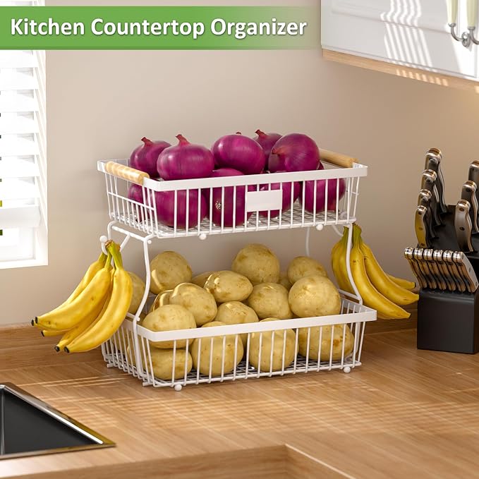 2 Tier Fruit Basket for Kitchen Counter with 2 Banana Hangers, Countertop Metal Bread Basket with Wooden Handle, Large Storage Stand for Vegetables, Snacks, Eggs, Produce Storage – White - Image 3