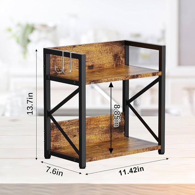 Spice-Rack-Organizer-Shelf for Kitchen Counter, 2 Tiers Coffee Bar Station Organizer for Countertop，Space Saving Desk Shelving Riser Unit (Rustic Brown, Small) - Image 7