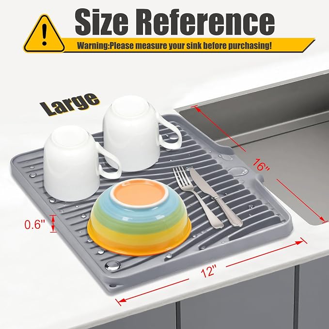 TIKNIK Silicone Dish Drying Mat for Kitchen Counter, Grey-1pcs, 16" x 12" | Heat Resistant & Non-Slip Dish Drain Pad with Built-In Drain, Dishwasher Safe, Quick-Dry, Hangable & Roll-Up for Storage - Image 2
