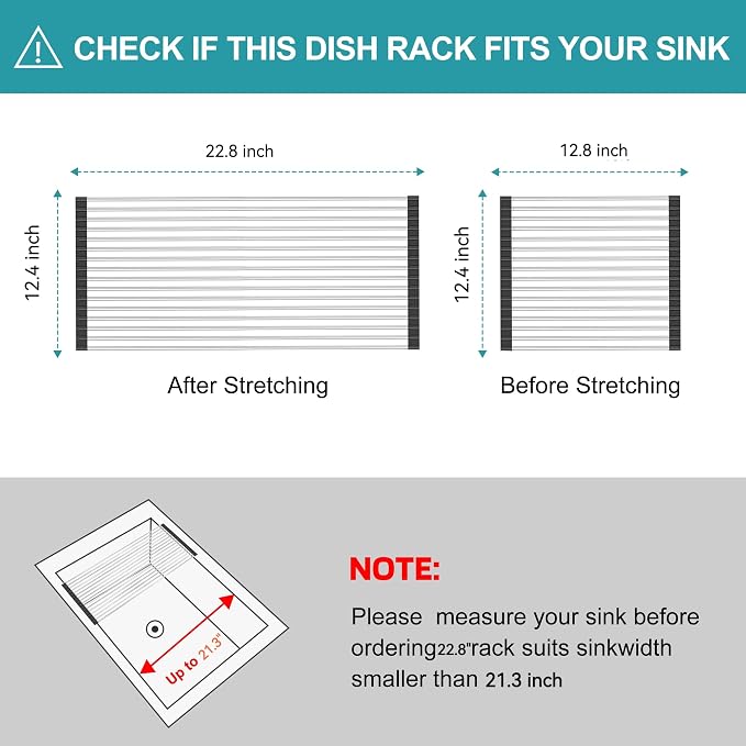 Extra Large Expandable Roll Up Dish Drying Rack,Over The Sink Drying Rack Sink Cover Kitchen Sink Accessories Kitchen Rolling up Stainless Steel Drainer, Foldable,Rollable（Black，22.8''-12.4''） - Image 2