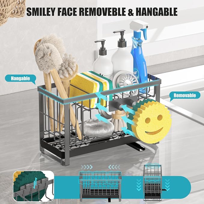 Sponge Holder for Kitchen Sink with Flexible Smiley Face, 2 Tier Kitchen Sink Organizer, Countertop and Storage Essentials, Soap Dispenser Organizer, Home Decor Accessories - Gray - Image 3