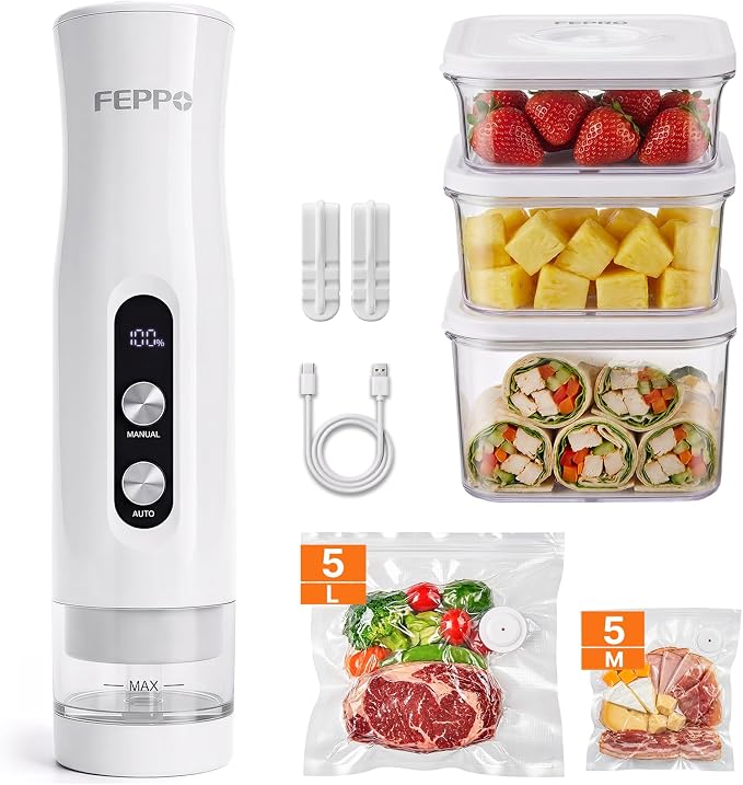 FEPPO Compact Vacuum Sealer for Food (Vacuum Sealer Machine + 3 Containers + 10 Reusable Bags), Anti-Overflow Powerful Portable Handheld Food Sealer, Auto & Manual Modes, Travel Lock, Easy-Clean by FEPPO