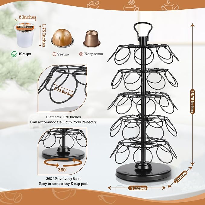 K Cup Holder, Coffee Pods Holder Storage Organizer Stand,40 Pods Capacity | K Cup Organizer,360°Rotating K Cup Carousel,Space-Saving for Countertop,Easy-Grip Top Handle,K Cups Holder Easy Assembly - Image 3