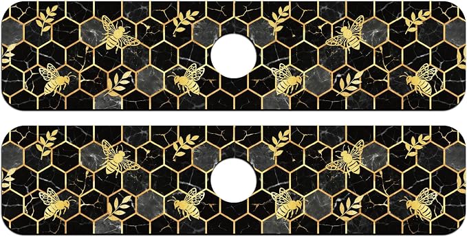 2 Pcs Marble Honeycomb Kitchen Sink Splash Guard Faucet Mat | Gold-edged Faucet Mat for Sinks Bee Pattern Absorbing Drying Mat for Kitchen Bathroom, 23.6x5.5inch - Image 8
