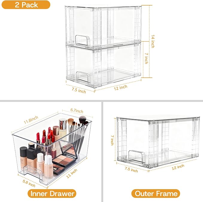 6 Pack Stackable Acrylic Storage Drawers – Clear Plastic Organizer Bins, Easy to Assemble, Suitable for Bathroom, Undersink, Kitchen, Pantry, Makeup, Medicine Organization - Image 3