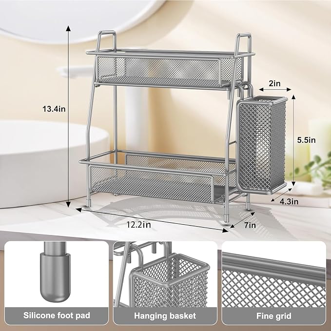 Spice Rack Organizer for Kitchen Counter, Spices Organizer and Storage Seasoning Organizer for Cabinet, Kitchen Metal Countertop Organizer with Side Basket (Grey) - Image 2