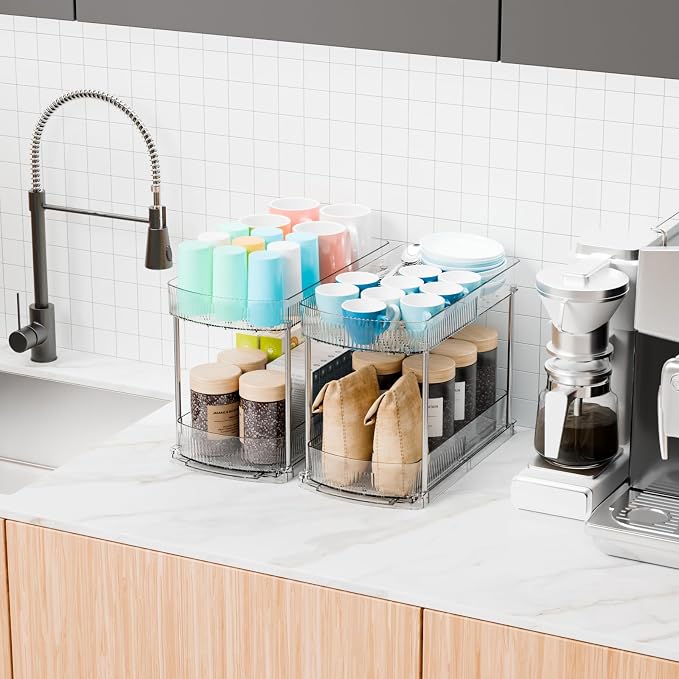 4 Pack Large Pull Out Bathroom Organizers and Storage,2 Tier 12.8″ Tall Sliding Kitchen Under Sink Organizer for Cleaning Products Storage,Acrylic Clear Bathroom inder Sink Organizer,Undersink Storage - Image 7