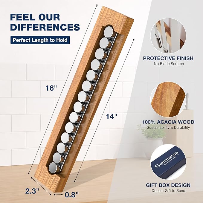 Magnetic Knife Holder for Wall 16”, Acacia Wood, No Drill Fridge | Strong Dual-Row Magnet Holds 9 Knives & Heavy Cleaver, 3M Adhesive Tape & Screw Mount, Kitchen Knife & Utensil Organizer - Image 4