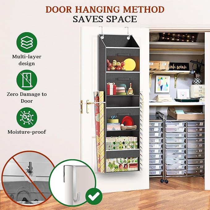 Over Door Wrapping Paper Organizer Storage with 3 Removable Drawers & Side Pockets – Dual Use Design with Elastic Straps – Christmas Gift Wrap Storage for Ribbons, Bows, Ornament and Other Tools 1Pack - Image 3