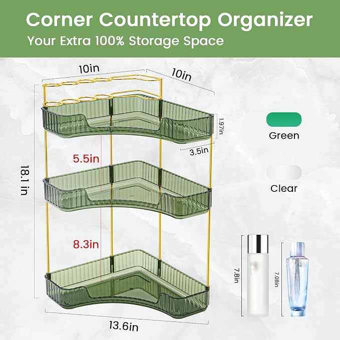 Makeup Organizer 3 Tier Bathroom Counter Organizer with Makeup Brush Holder | Corner Bathroom Organizer Countertop, Acrylic Counter Storage for Bathroom Dresser, Skincare Perfume Organizer- Green - Image 4