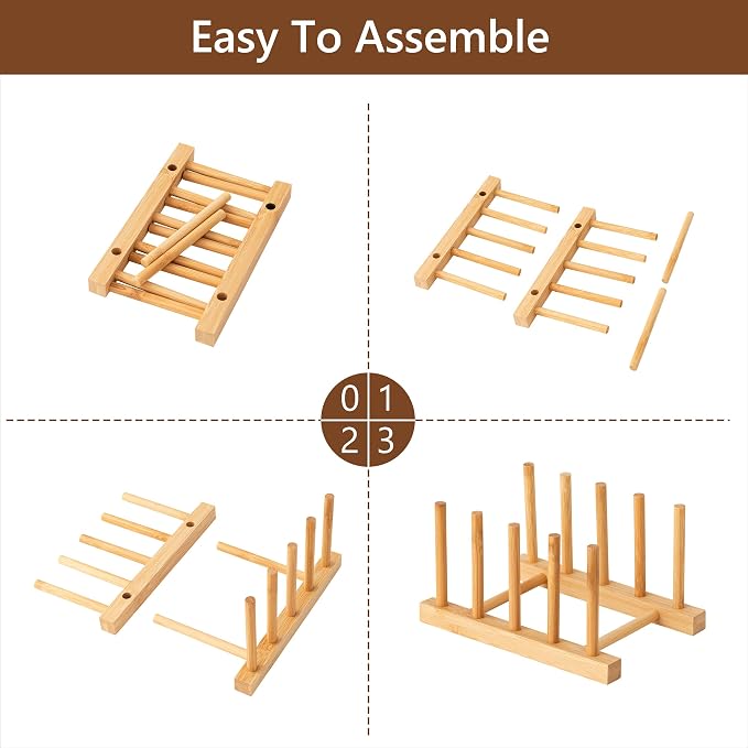 HBlife 2pcs Bamboo Dish Plate Bowl Cup Book Pot Lid Cutting Board Drying Rack Stand Drainer Storage Holder Organizer Kitchen Cabinet（Keep Dry） - Image 7