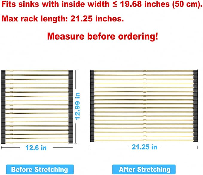 Expandable Roll Up Dish Drying Rack, Adjustable Large Over The Sink Rack Draining Rack (Max Extends to 21.26”) for Stainless Steel Sink Rack, Collapsible Rolling Up Rack 18 Tube for Kitchen, Gold - Image 2