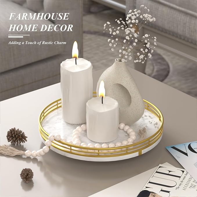 AMH 10-Inch White Marble Lazy Susan with Gold Frame | Smooth rotating oak tray with walnut finish for dining tables, kitchen counters, pantries and cabinet storage. - Image 3