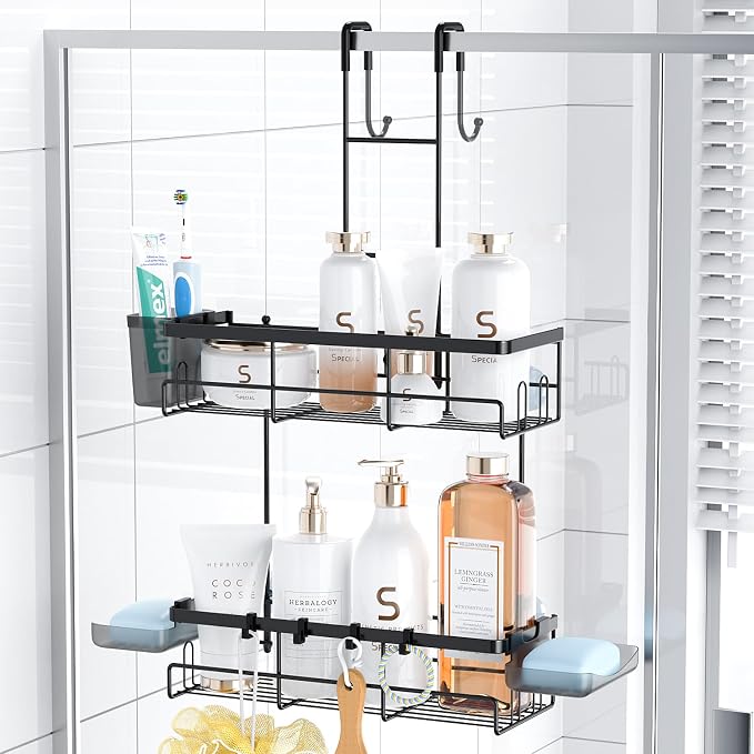 Over the Door Shower Caddy Hanging: No Drill Rustproof Shower Organizer | Includes Hooks & Soap Holders for Shampoos, Conditioners and Bathroom Essentials, Anti-Slip for Any Shower Room by Aitatty