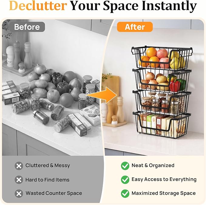 SUNALLY Stackable Storage Bins 4 Pcs Wire Baskets Freezer Organizer, Black | Pantry Organizers Storage, Vegetable Fruit Storage Basket for Countertop, Kitchen Baskets for Onion Potato Snack Cans Storage - Image 6