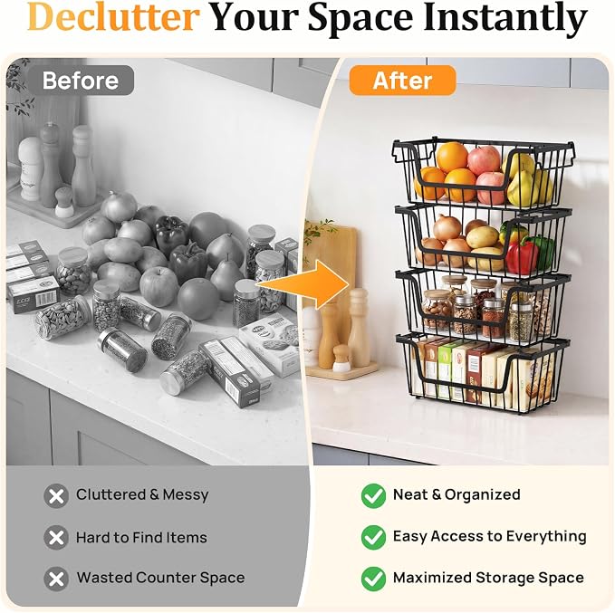 SUNALLY Stackable Storage Bins 6 Pcs Wire Baskets Freezer Organizer, Black | Pantry Organizers Storage, Vegetable Fruit Storage Basket for Countertop, Kitchen Baskets for Onion Potato Snack Cans Storage - Image 6