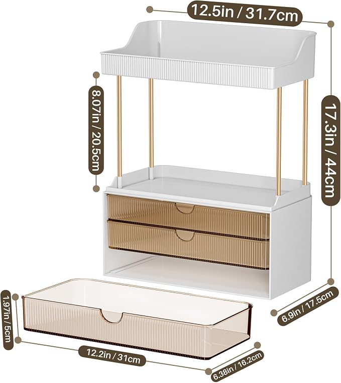 2 Sets 5 Tier Acrylic Makeup & Bathroom Vanity Organizer | 2 Set Amber, 3 drawers 2 open shelves, dustproof, wipe clean, for large skincare, perfumes, lipsticks, dresser, counter - Image 4