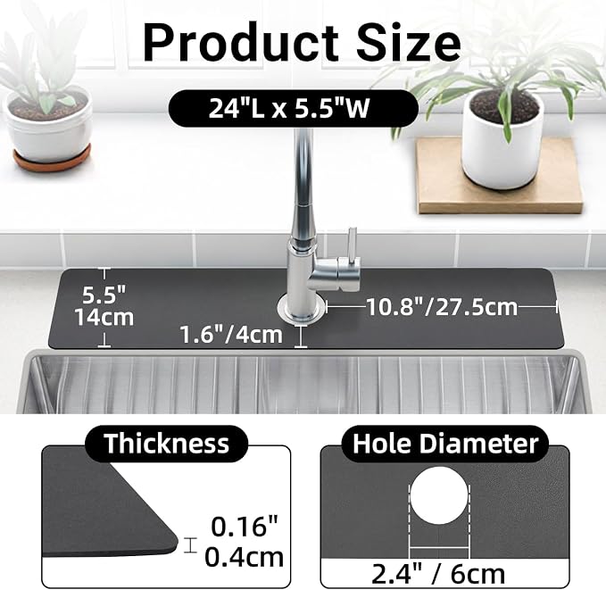 LOPNUR Cuttable Faucet Mat for Kitchen Sink, Long 24x5.5 Inch, Dark Grey | Super Absorbent & Fast Dry Diatomite Sink Splash Guard, 0.8-2.4 Inch Adjustable Faucet Hole, Cut to Fit Bathroom & RV Sinks - Image 3