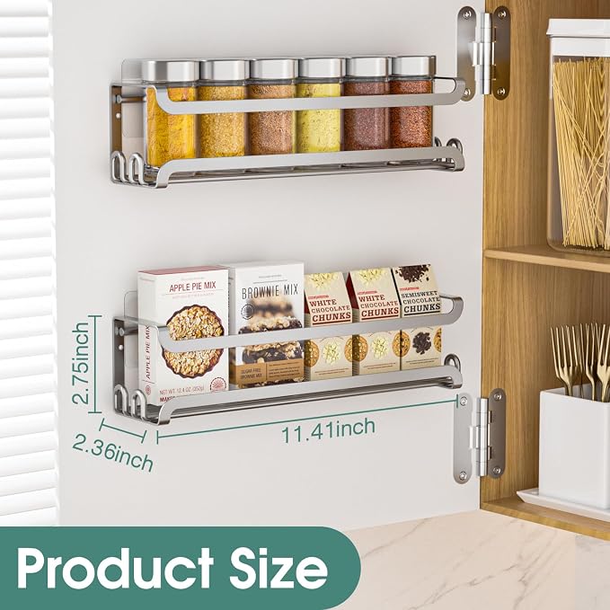 LUCYCAZ 2 Pack Wall Mounted Spice Rack for Spice Jars & Seasonings (Silver) | 8 Metal Hooks, Space-Saving,Screw or Adhesive Spice Shelf Hanging,for Kitchen Cabinet,Pantry Door,RV,Camper Spice Orgnaizer - Image 2