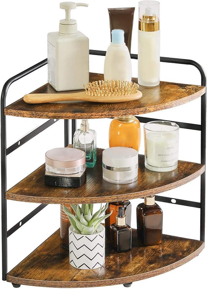 IBUYKE Corner Shelf,Wood Kitchen Spice Organizer,Brown TWJ002H | Bathroom Counter Organizer 3-Tier Spice Rack for Small Spaces Cosmetic Storage Perfume Holder Adjustable Height - Image 11