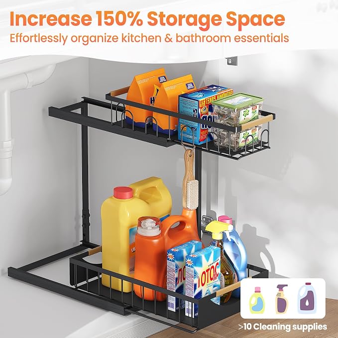 Under Sink Organizer and Storage for Bathroom and Kitchen - 2 Pack 2 Tier | Cabinet Pull Out Shelf Organizers - Slide Out Drawer Organization for Home Cabinets Shelves and Drawers - Image 3