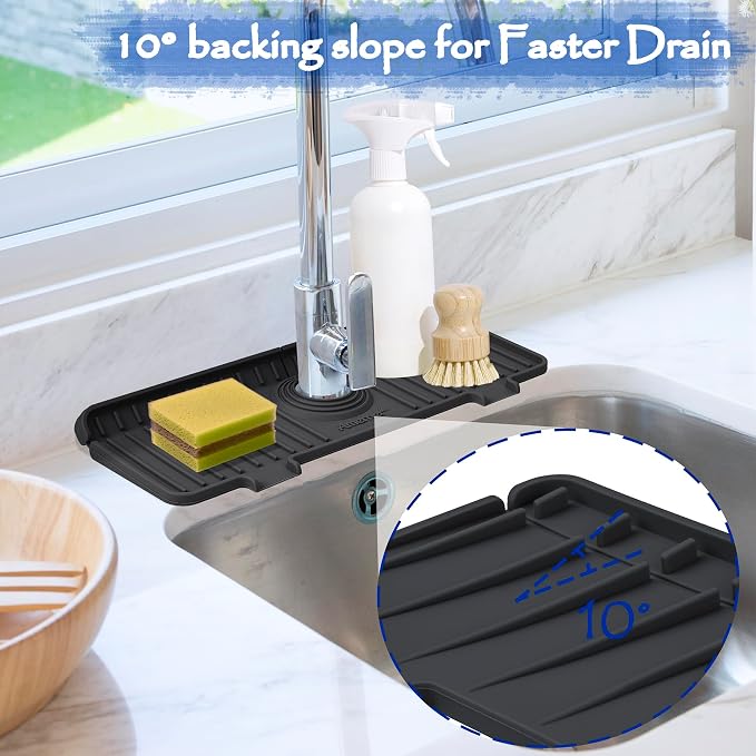 Amerner Kitchen Sink Splash Guard, 10° Large Slope & Adaptable Hole Faucet Mat for Kitchen Sink, Silicone Sink Organizer Sponge Holder for Kitchen, Bathroom, RV, Bar, 14.2” x 5.1”, Black - Image 3