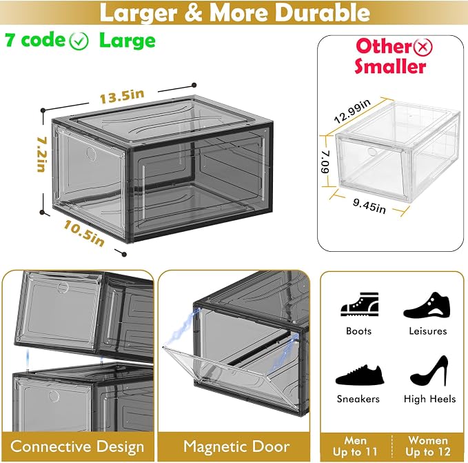 12 Pack Shoe Organizer, Stackable Shoe Storage Boxes with Magnetic Door | Clear Plastic Shoe Boxes for Sneakers, Boots & Heels, Foldable Space-Saving Shoe Rack for Closet, Durable Shoe Cabinet, Black - Image 4